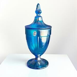 Fenton Celeste Blue Iridescent Stretch Glass Candy Dish Apothecary Jar